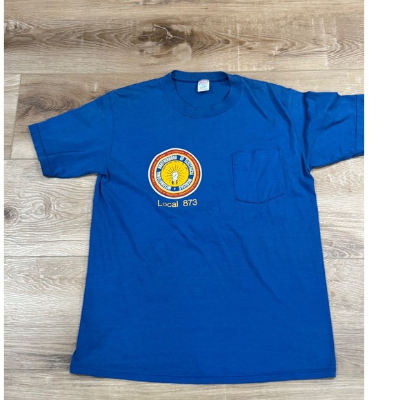 Vintage Russell Jerzees IBEW Local 873 Pocket T-Shirt Blue Single Stitch Large - Picture 2 of 4